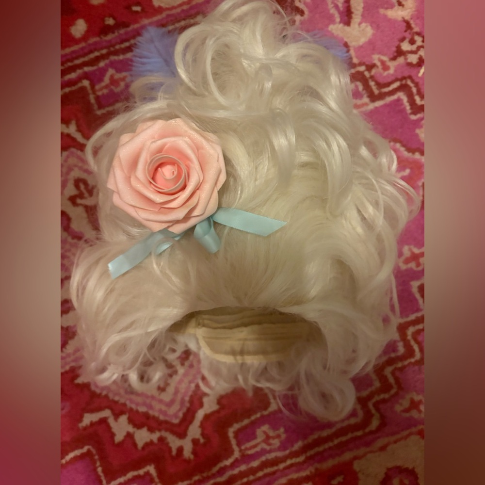 Marie Antoinette Blonde Wig with Pink Rose, Blue ostrich and Ribbon